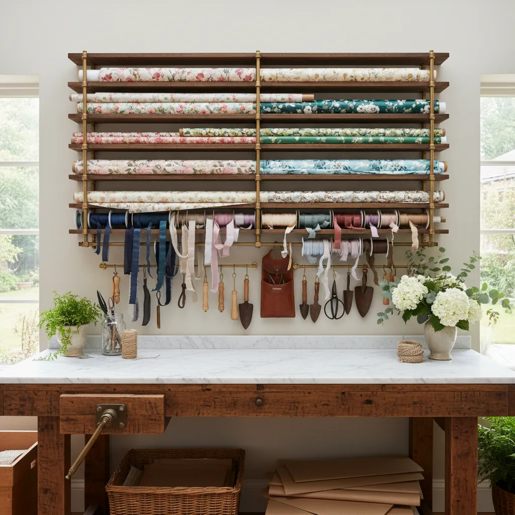 A wide shot of a professionally styled floral tool and wrapping buffet