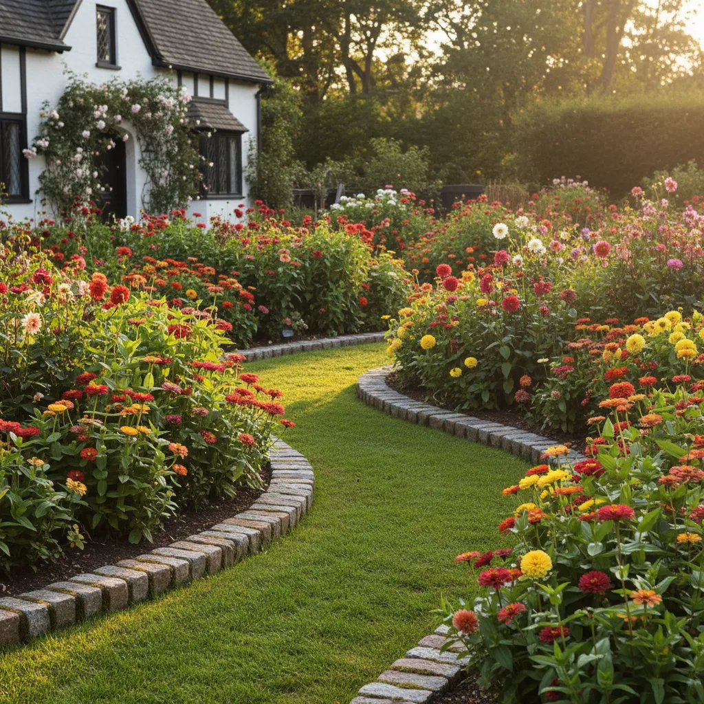Lush curved cut flower garden glowing in warm golden hour sunlight