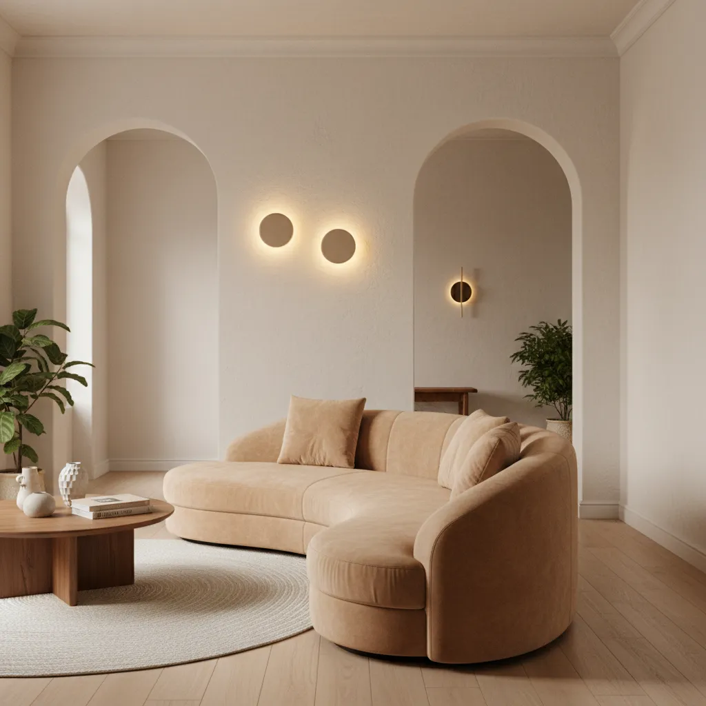 Curved Sofa Narrow Living Room Curved velvet sofa providing smooth pathways in a narrow living room layout