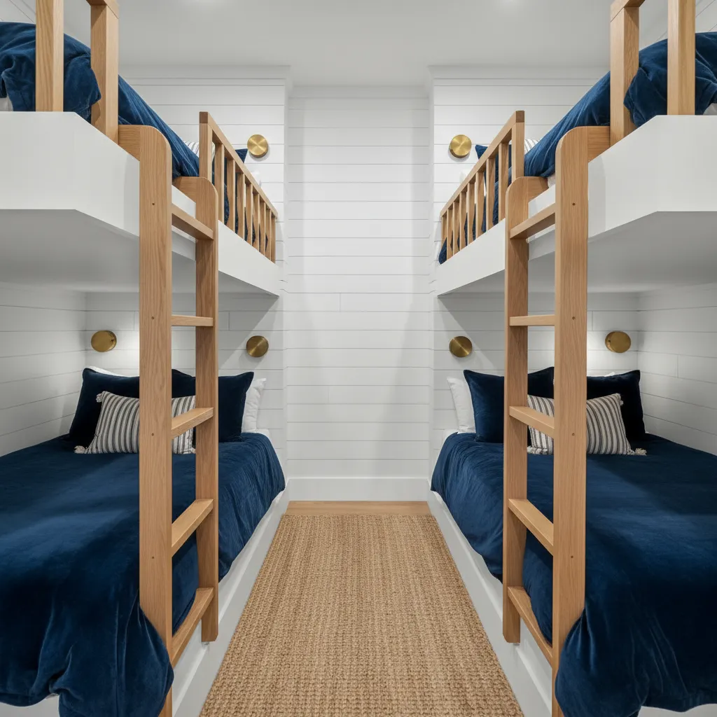 Luxury built-in bunk beds with shiplap walls and brass lighting in a lake house bedroom