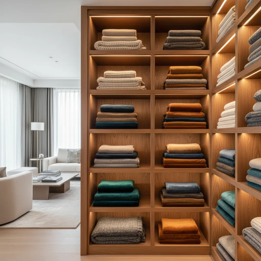 Custom Closet Shelving For Throw Blankets Custom vertical oak shelving in a living room closet holding folded throw blankets