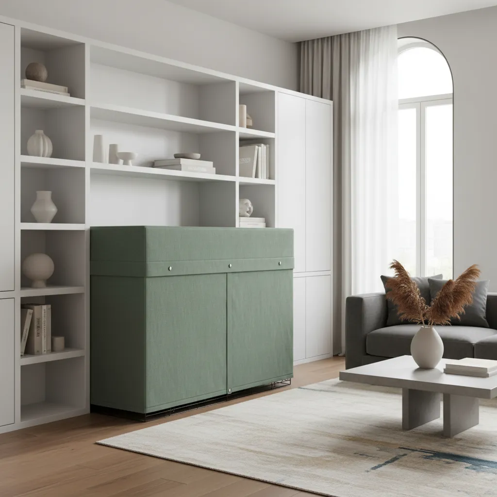 Custom Linen Dog Crate Slipcover Tailored sage green linen slipcover hiding a dog crate in a modern living room