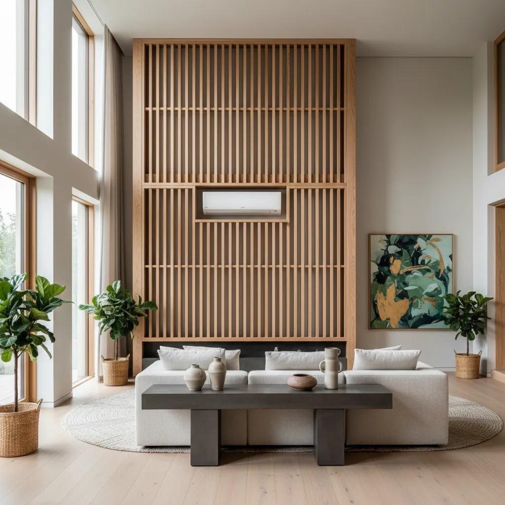 Custom Wood Slatted AC Cover A stylish slatted wood cover camouflaging a split AC unit on a modern wall
