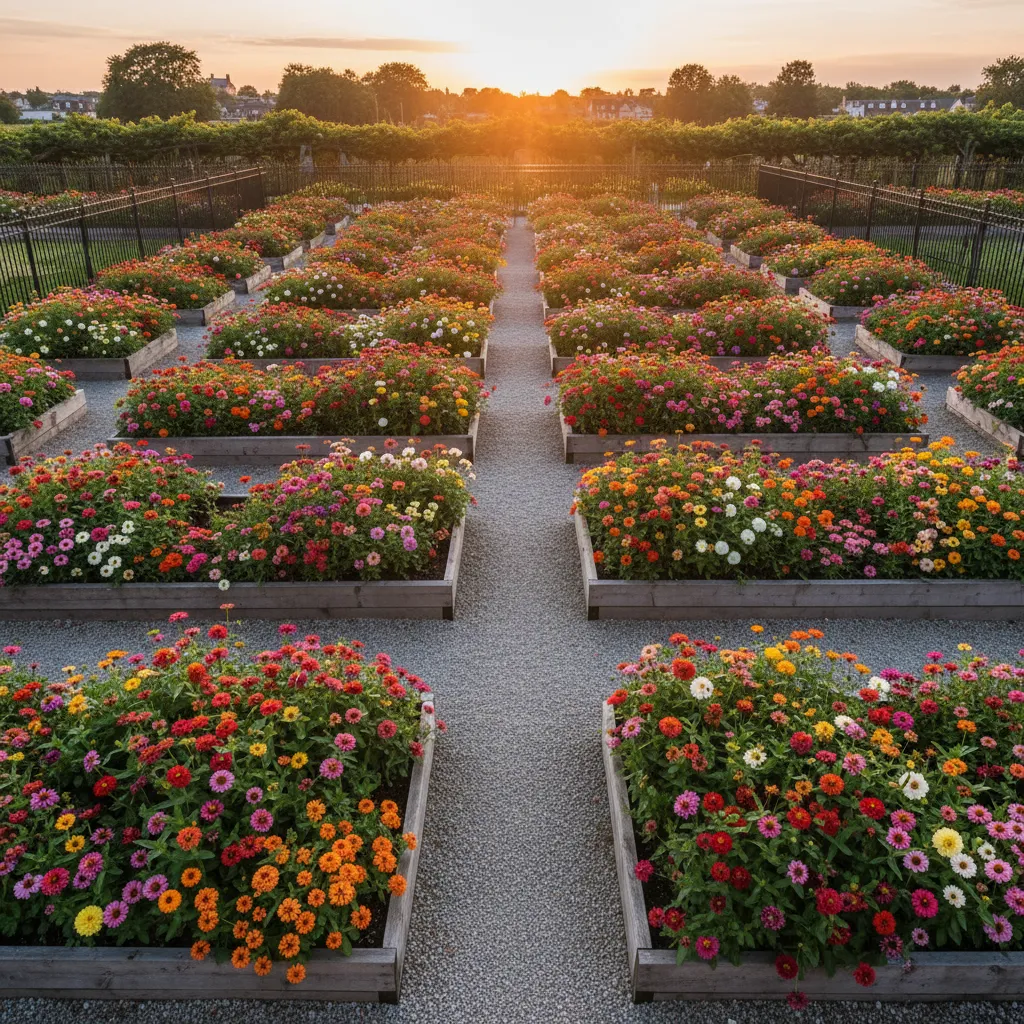 A symmetrical French potager cut flower garden layout with raised cedar beds and blooming flowers.