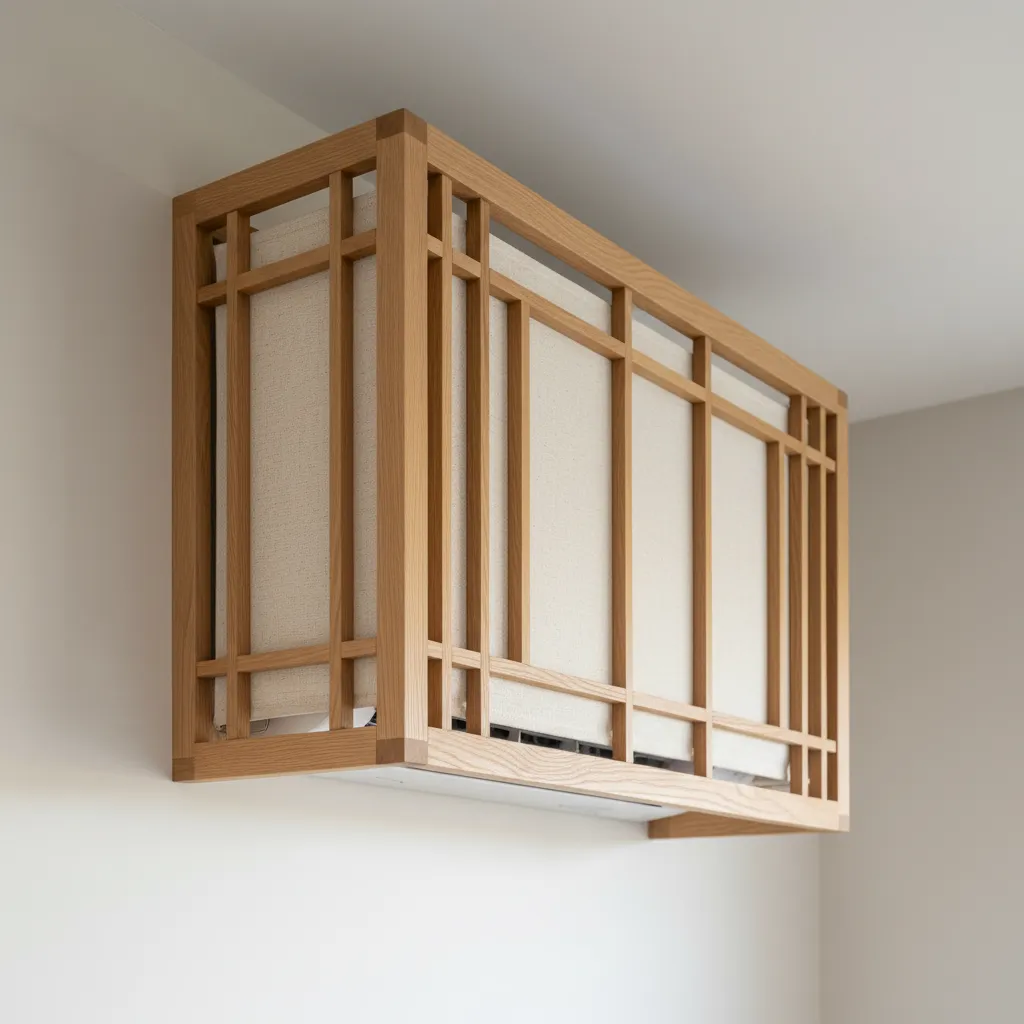 Decorative AC Valance with Linen Insets A wooden decorative valance with breathable fabric insets covering a split AC unit on a neutral wall