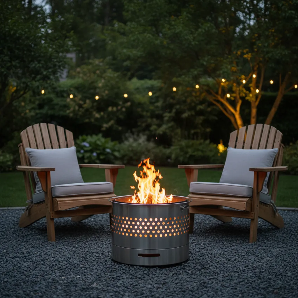 A modern upcycled washing machine drum fire pit on a gravel patio with wood Adirondack chairs.
