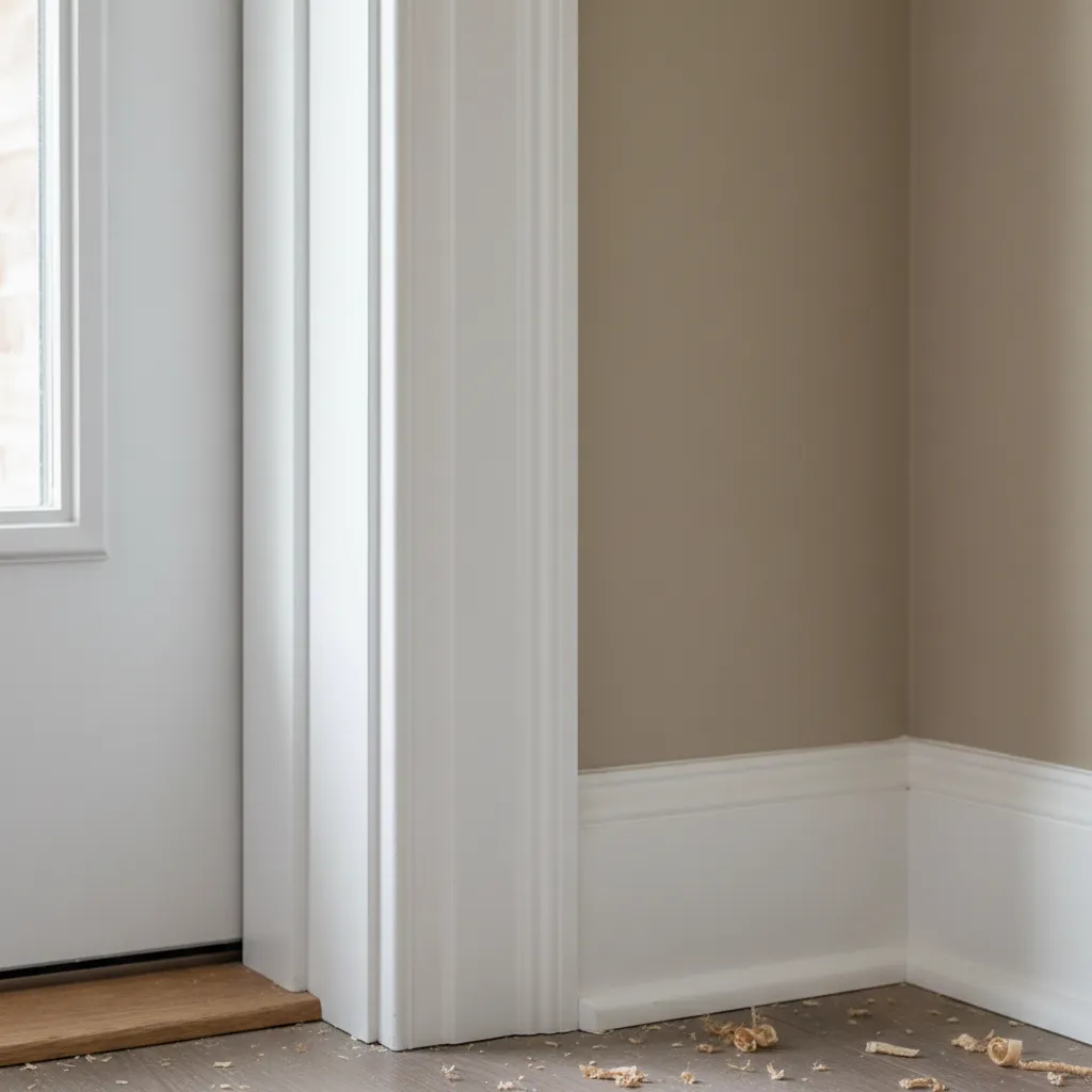 DIY Craftsman Door Trim Detail White flat stock wood trim installation on a door frame showing craftsman butt joints