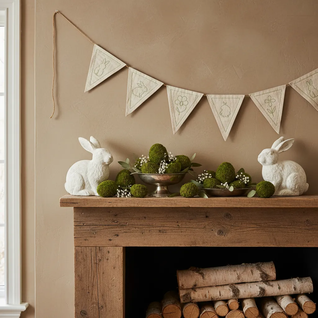 DIY Easter Mantle Decor Ideas Handmade banner and moss eggs on a rustic mantle