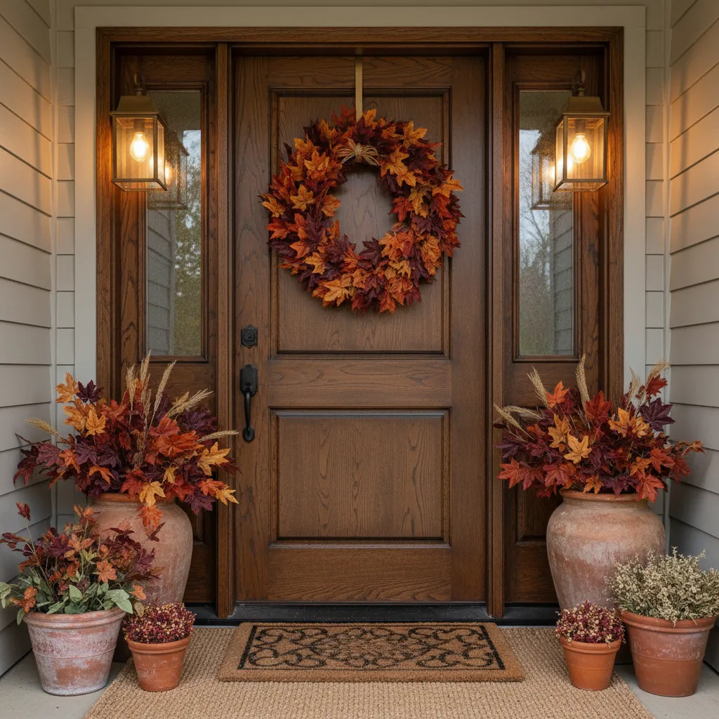 Front porch styled for autumn with a handmade faux leaf wreath on a dark oak door