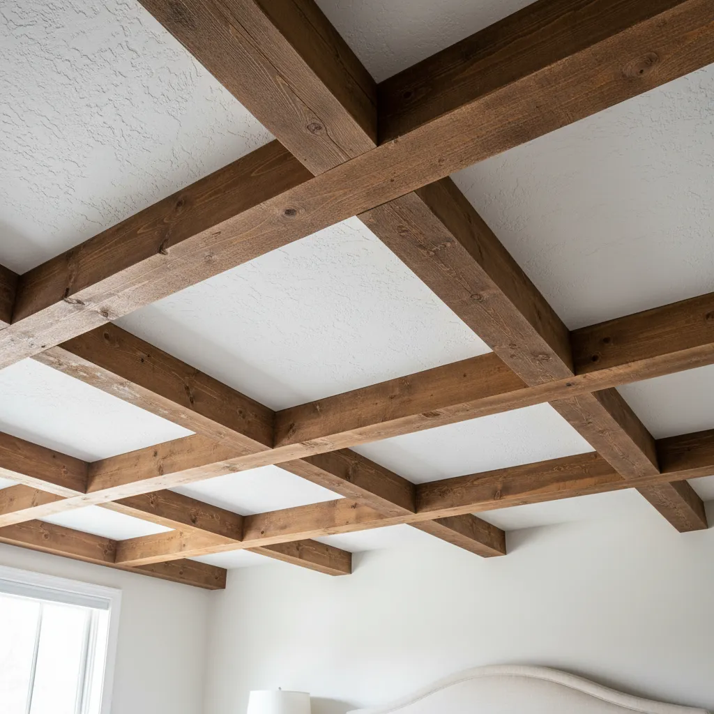 Close up of rustic faux wood beams installed on a white bedroom ceiling
