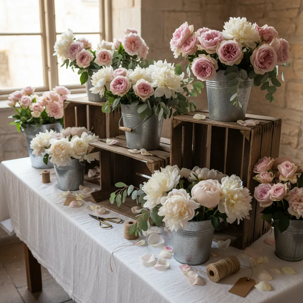 A sophisticated DIY flower bar setup featuring rustic wooden crates, galvanized buckets with roses and eucalyptus, and soft linen runners.