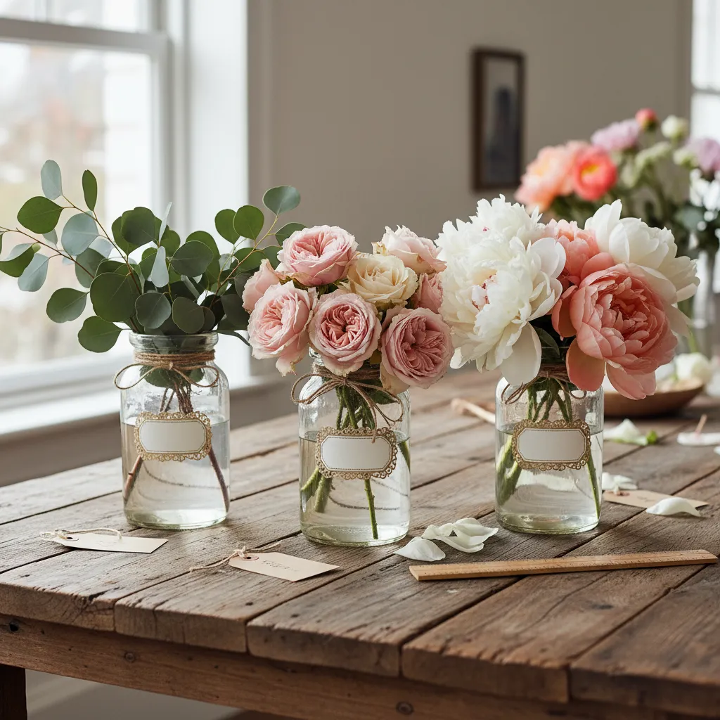 Detailed view of flower bar jars and labels for stem planning