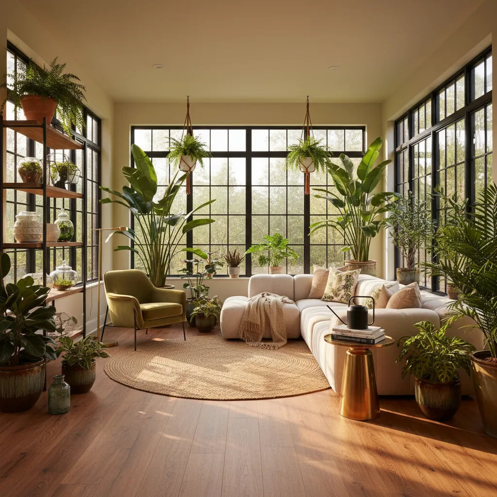 A modern living room designed as an indoor greenhouse with lush plants and waterproof wood-look flooring.