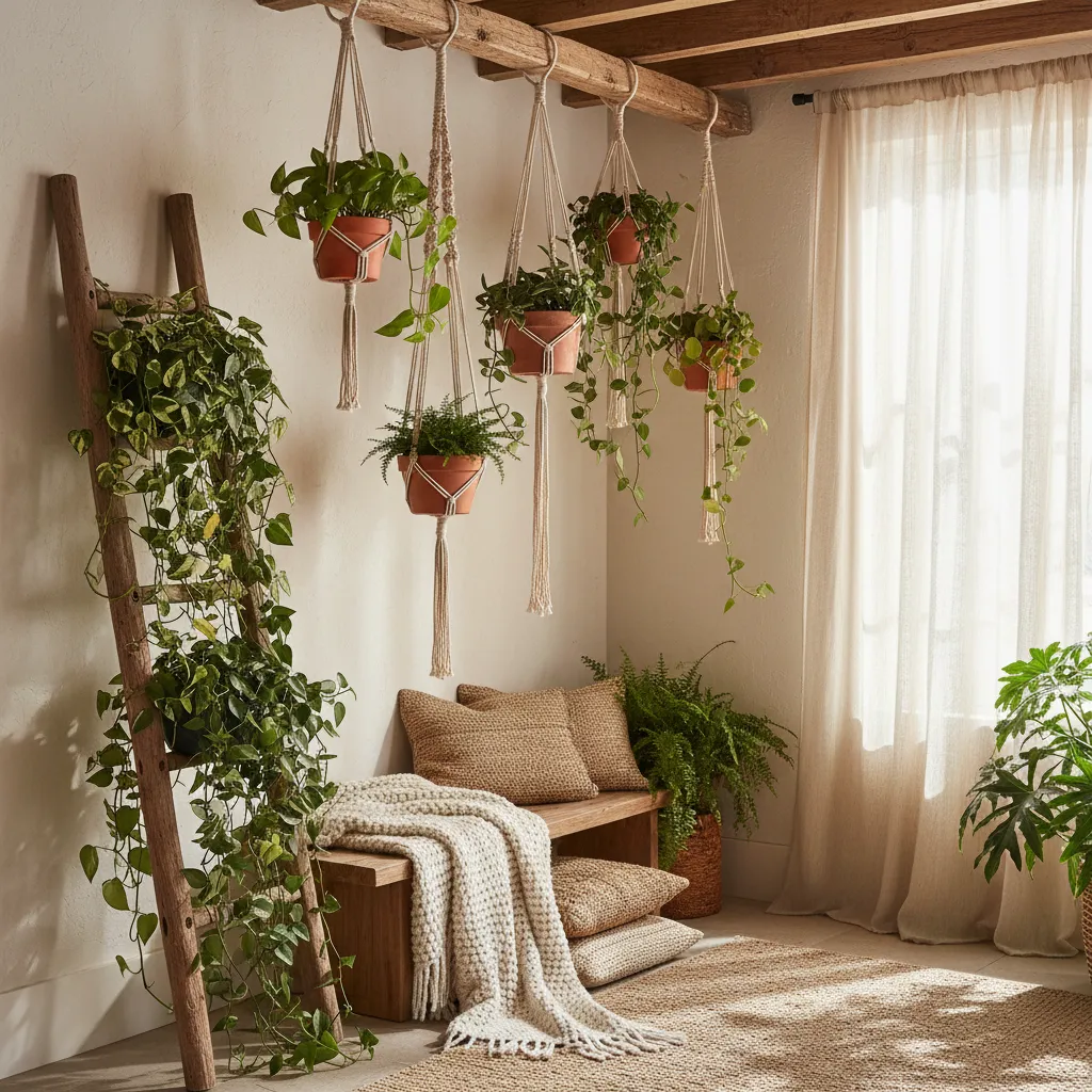 Rustic wooden ladder shelf with trailing plants and hanging macrame planters in a sunny living room