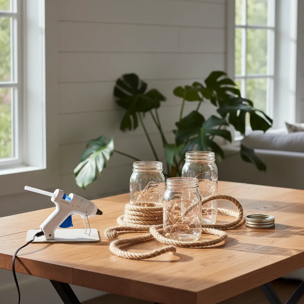 Curated flat lay of mason jars nautical rope and fairy lights on oak table
