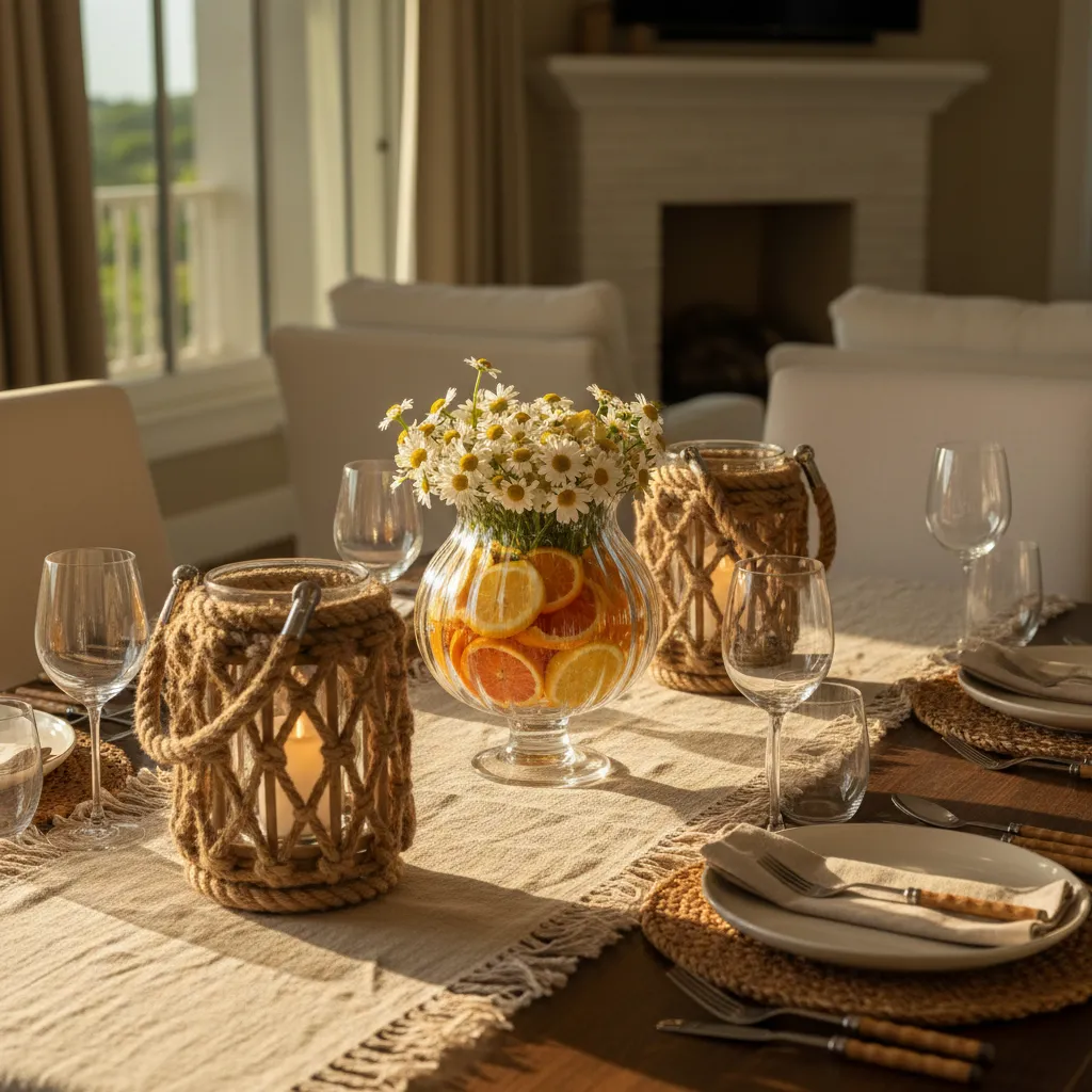 A chic summer tablescape featuring a citrus flower centerpiece and nautical rope lanterns on a linen runner.