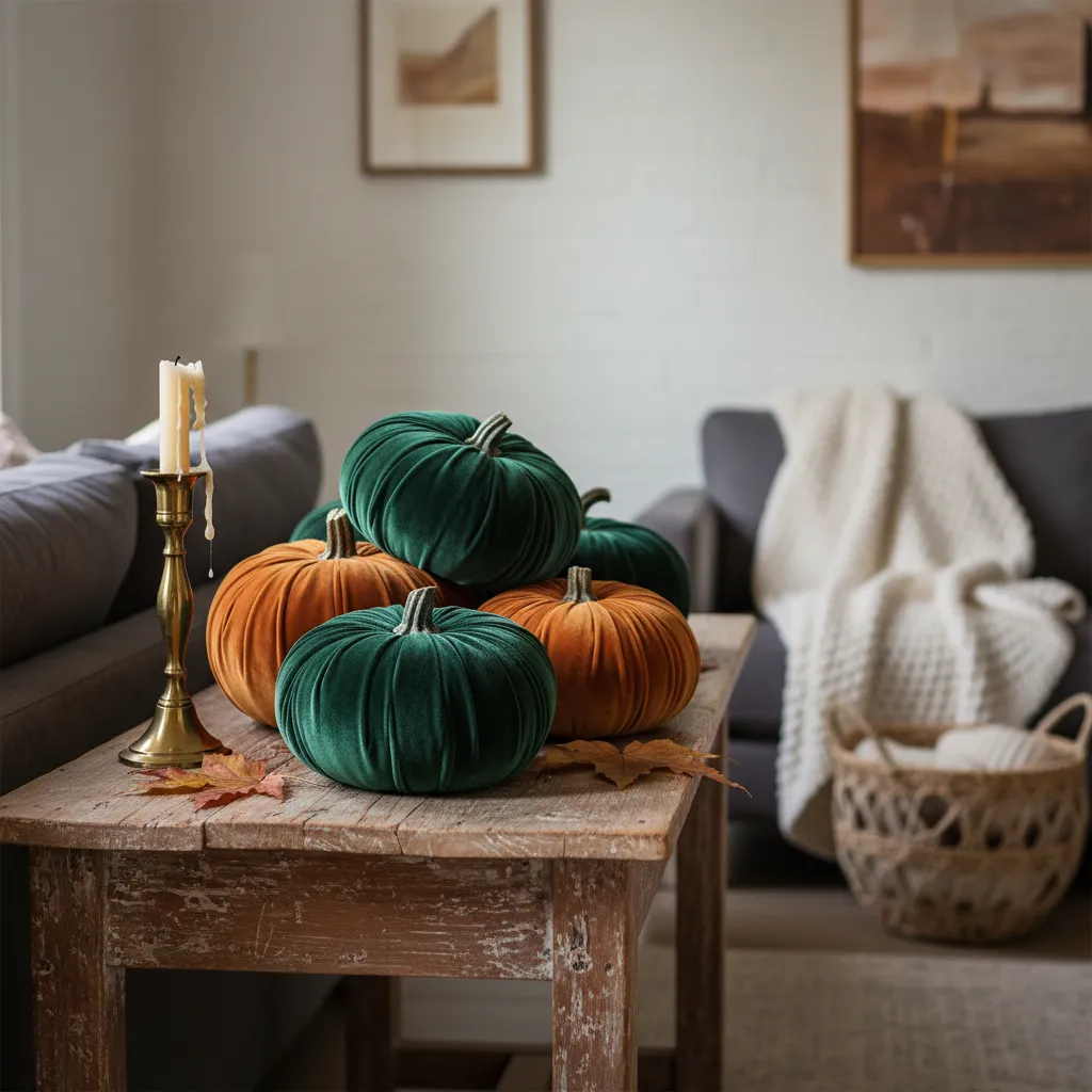 Velvet wrapped DIY pumpkins on a wooden console table for cozy autumn home decor