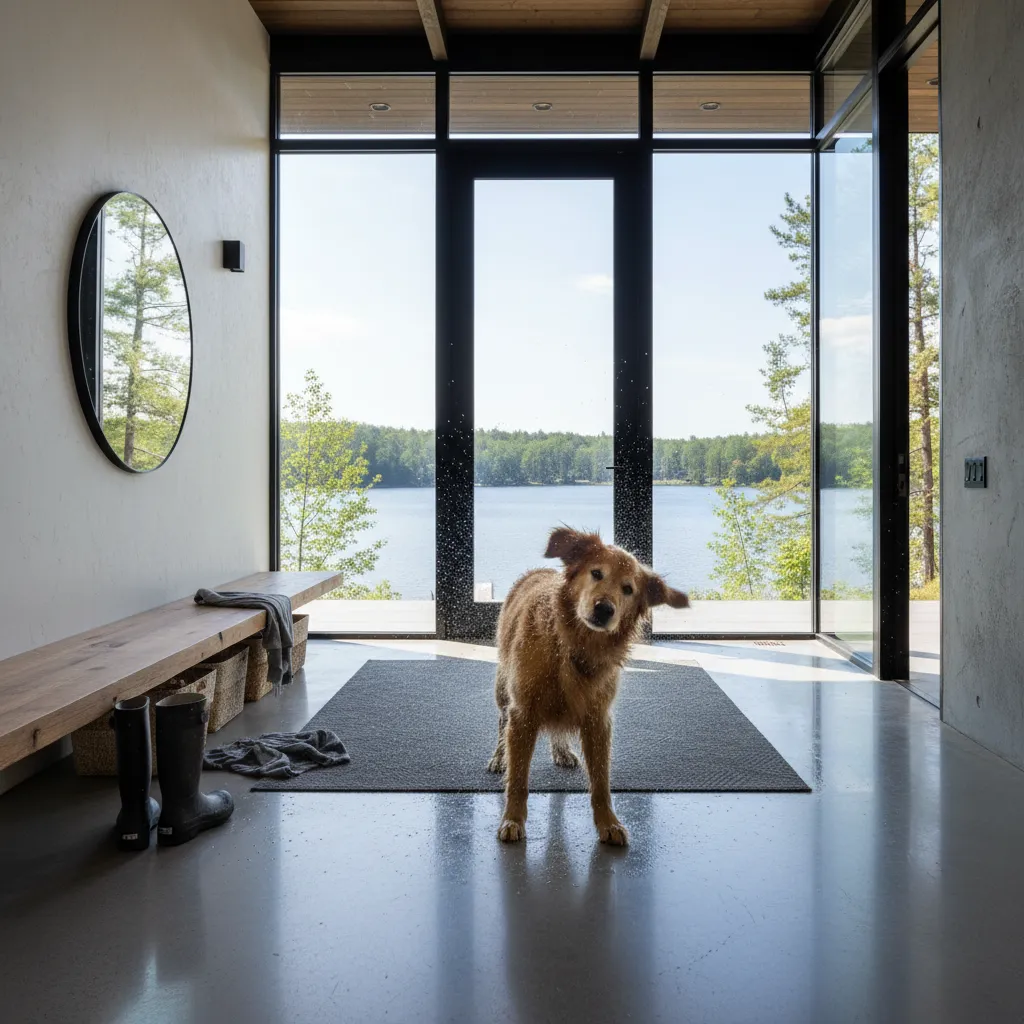 Polished concrete flooring in a modern lake house entryway with natural light