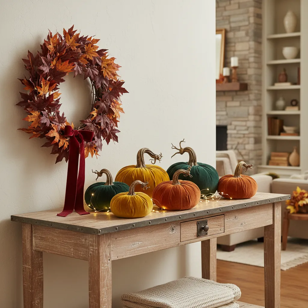 A collection of handmade velvet pumpkins and a rustic autumn leaf wreath on a decorated wooden console table.