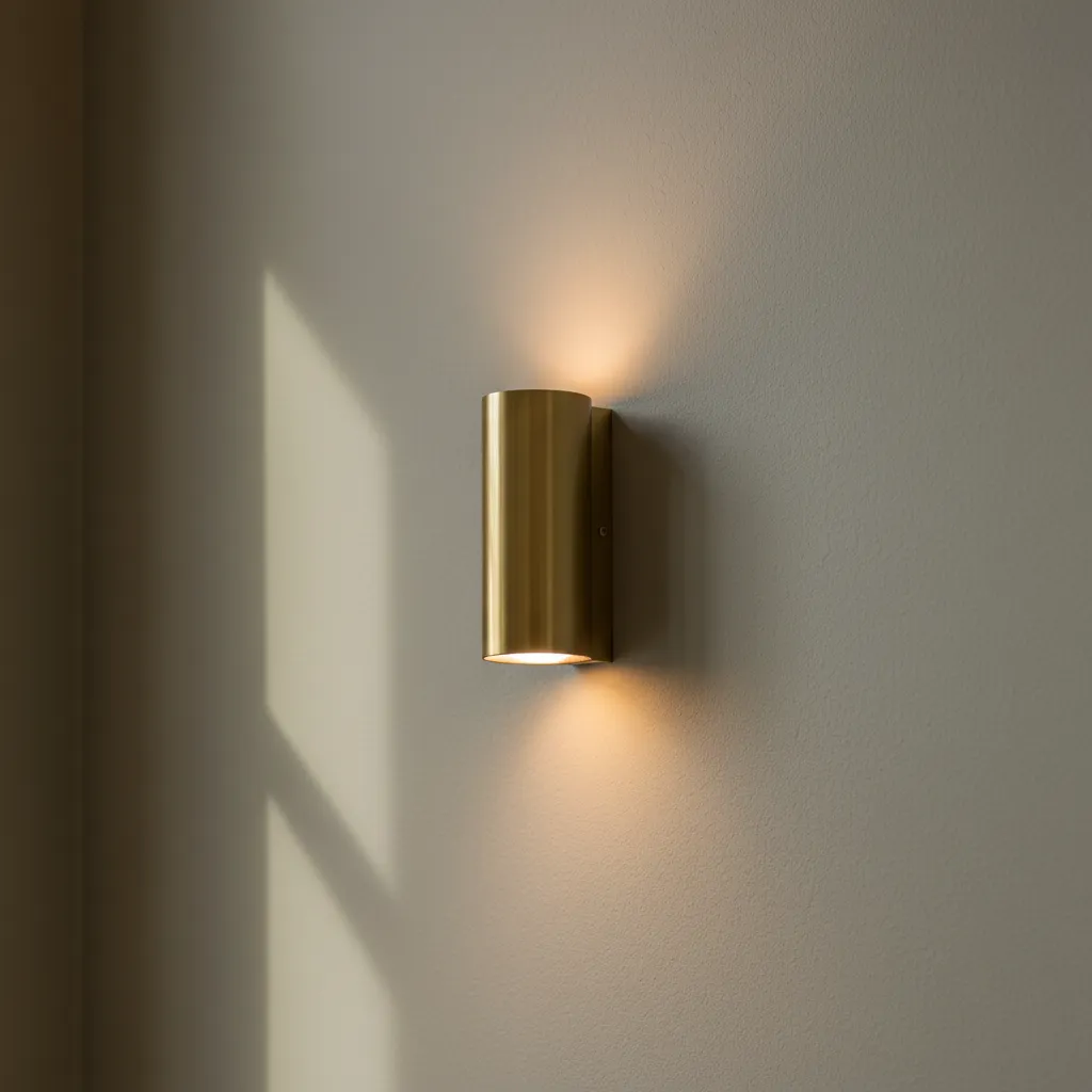 Close up of a brass sconce casting soft light onto an eggshell painted wall