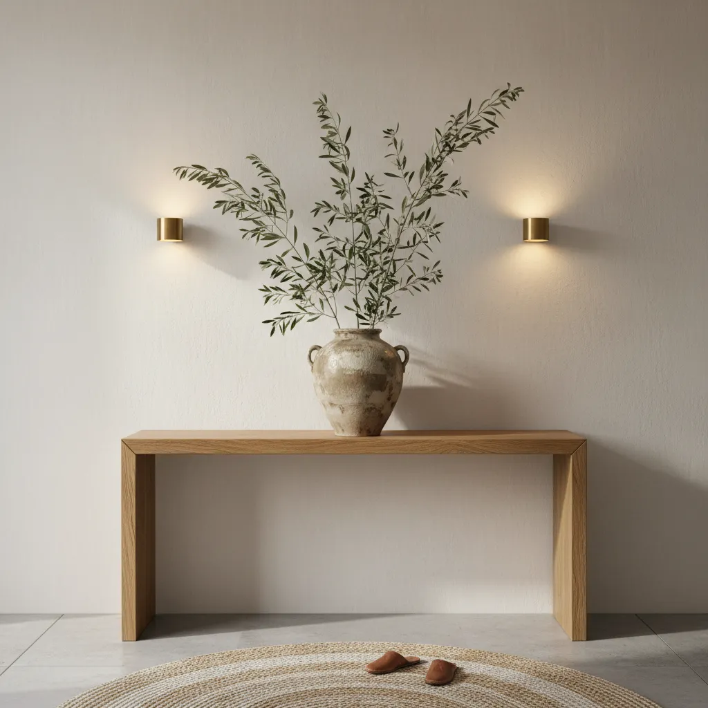 Oak entryway console table styled with tall olive branches in a ceramic vase