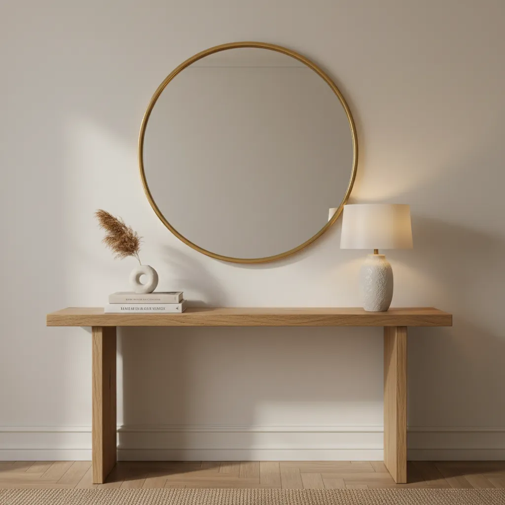 Entryway console table styled with a perfectly scaled round brass mirror and warm ambient lighting