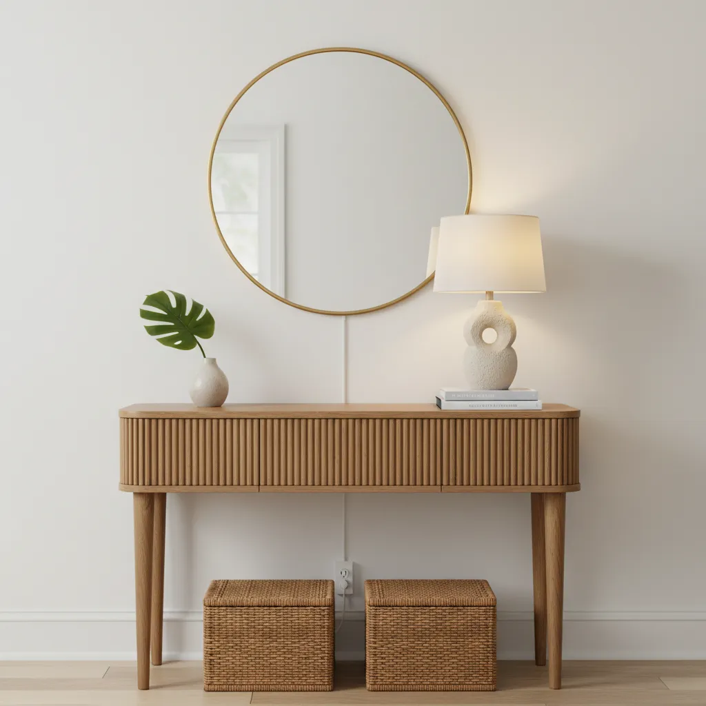 Oak console table styled with a ceramic table lamp and hidden cords
