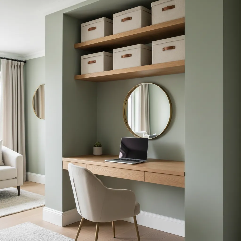 Ergonomic Cloffice Desk Dimensions Close up of an organized closet office desk showing perfect ergonomic height and shelving