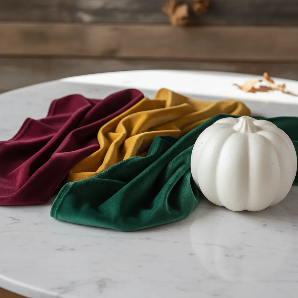 Colorful velvet fabric swatches for DIY pumpkin decor on a marble table