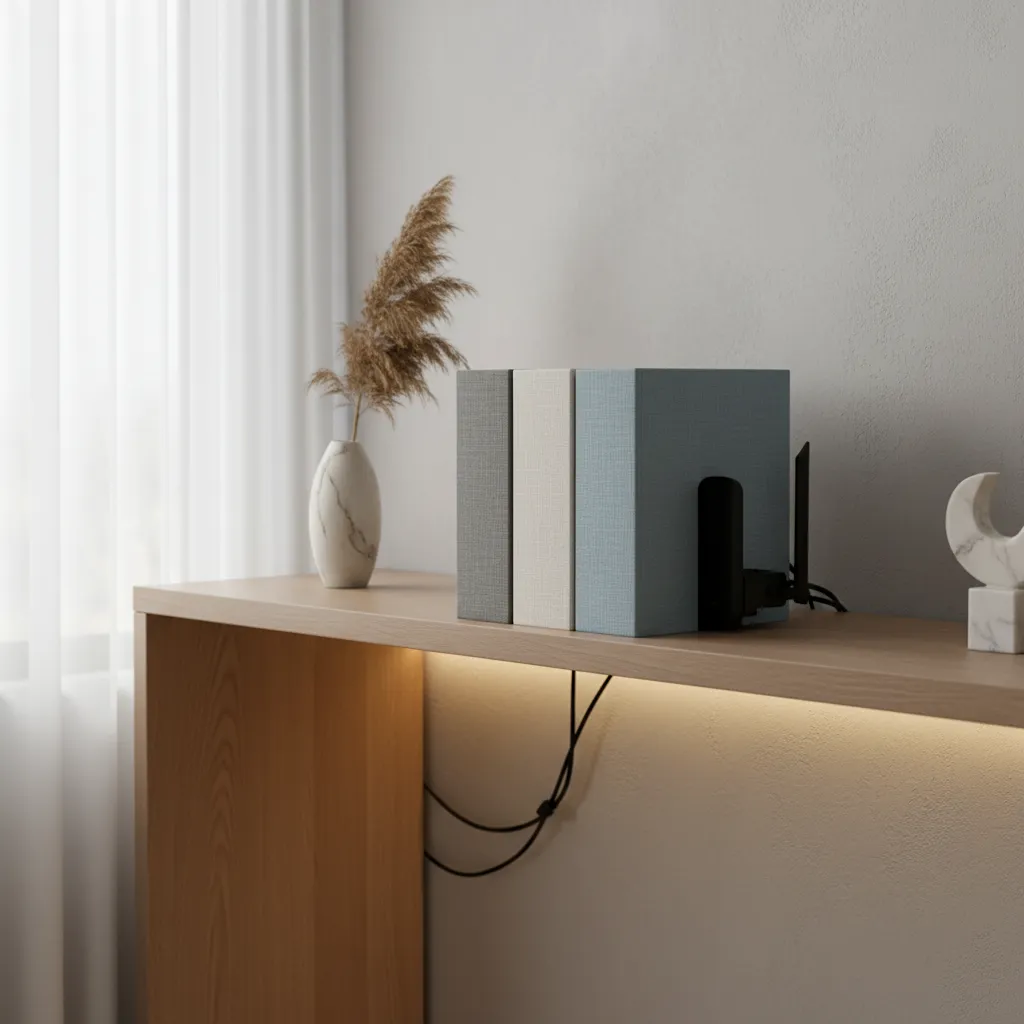 Decorative faux book box hiding an internet router on a styled console table