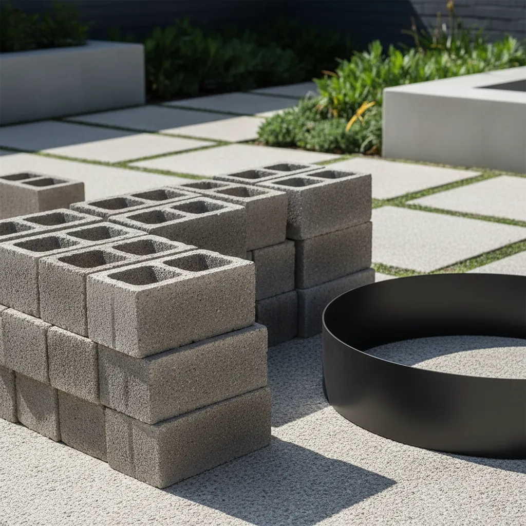 Cinder blocks and a black steel fire ring resting on a gravel backyard patio