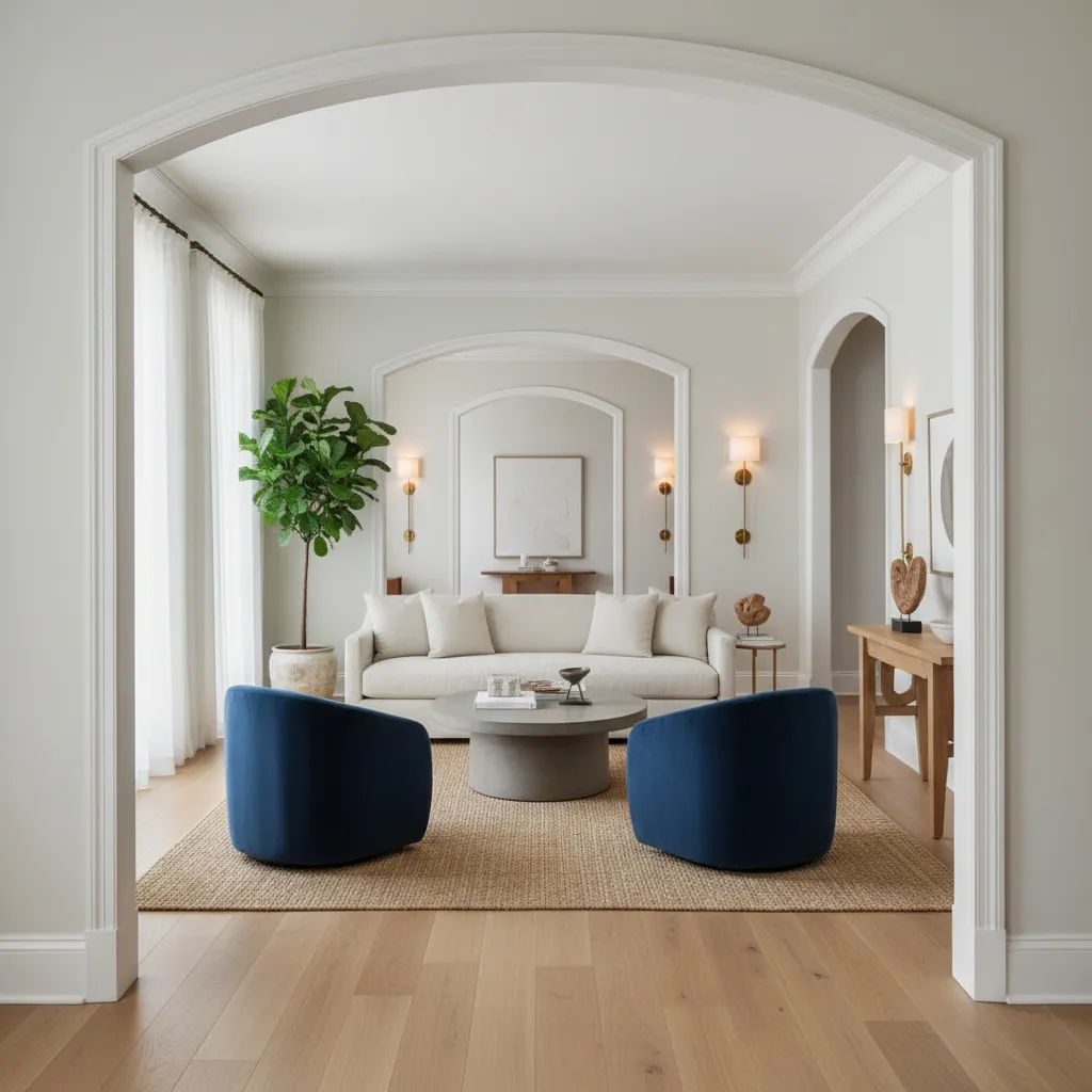 Floating Furniture In Narrow Living Rooms Long narrow living room with a floating linen sofa to create clear walkways between multiple doorways