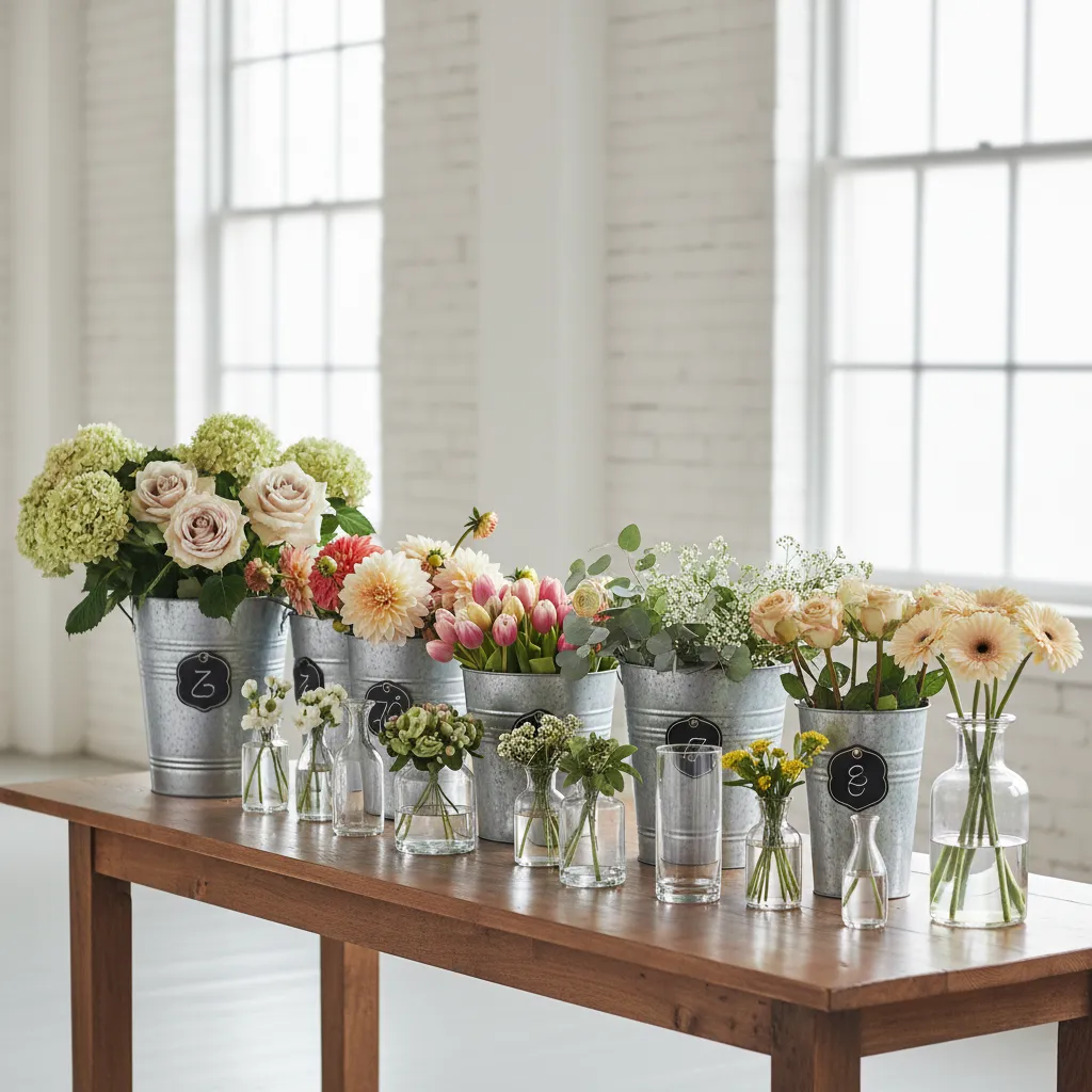 Table showing different sizes of floral arrangements at a bar