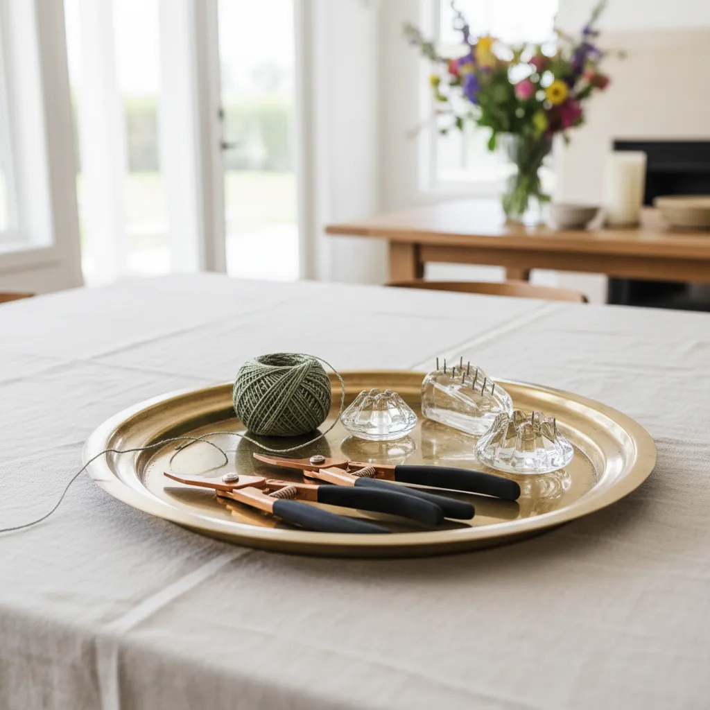 Brass tray with floral shears and twine for a DIY event