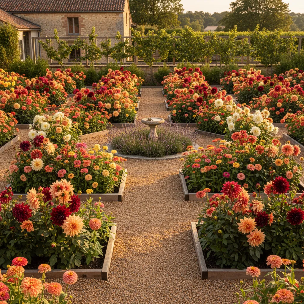 Symmetrical French potager garden layout with raised beds and colorful cut flowers