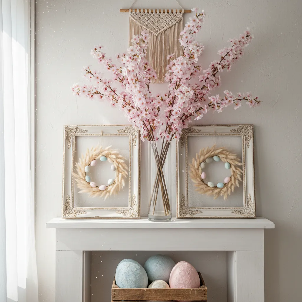 Fresh Cherry Blossom Mantel Arrangement Tall cherry blossom branches in a vase on an Easter mantel