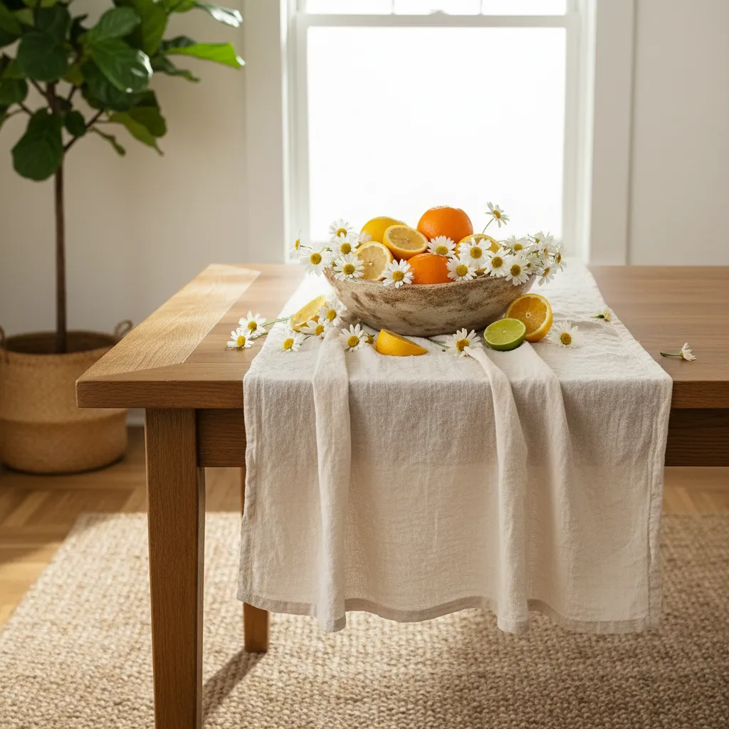 Bright summer dining table featuring a DIY centerpiece with lemons and white daisies in natural light.
