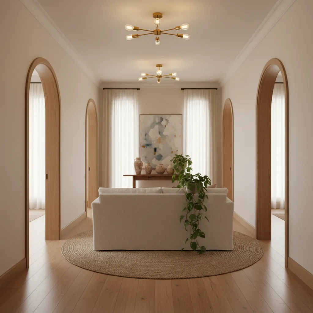Sophisticated long narrow living room featuring a floated sofa arrangement and clear walkways between multiple doorways.