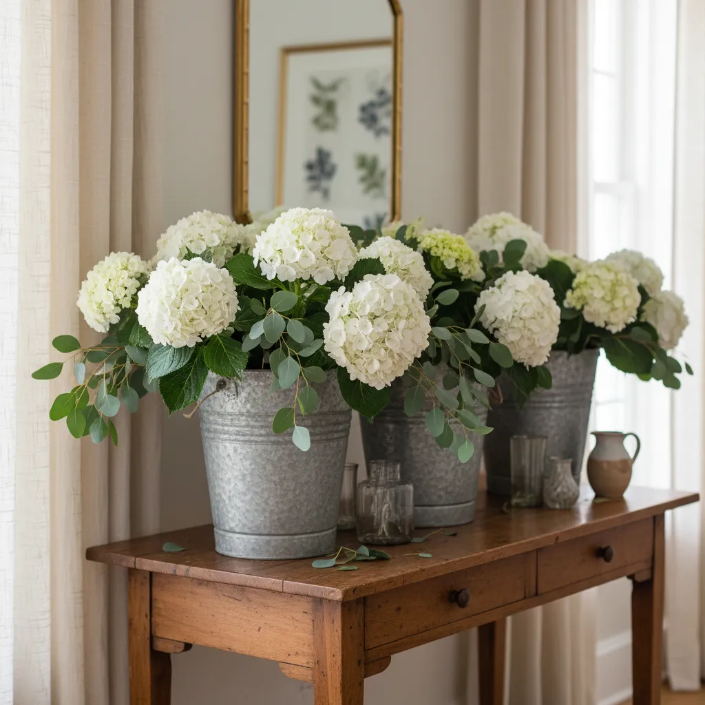 Galvanized metal buckets with fresh flowers for a DIY flower bar