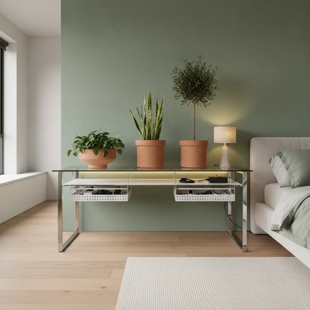 Glass Desk With Terracotta Planters A sleek glass desk styled with terracotta planters and sage green walls