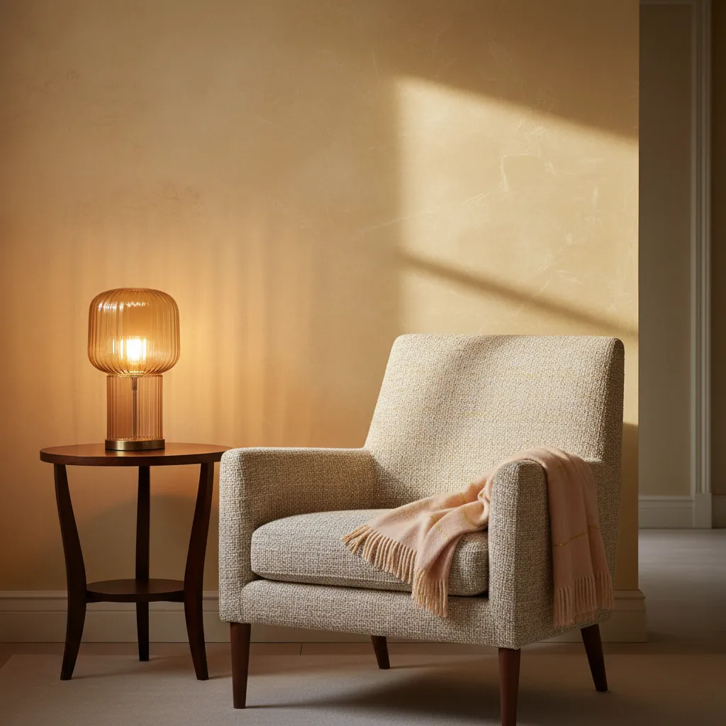 Golden cream painted wall illuminated by amber glass lamp and textured linen chair