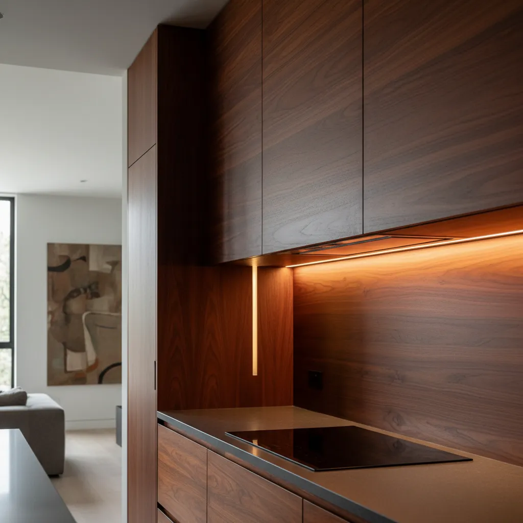 Under-cabinet lighting reflecting off a cherry wood backsplash
