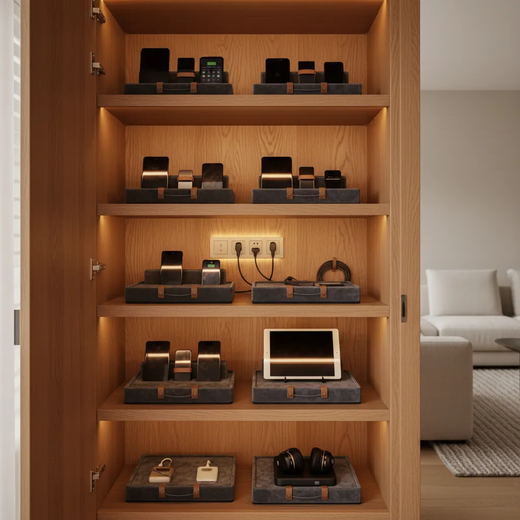 Hidden Living Room Closet Charging Station Oak closet shelving with a concealed tech charging station and warm ambient lighting