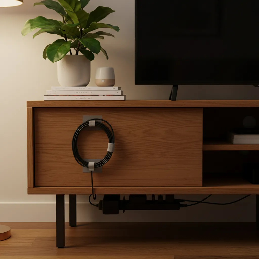 A styled oak media console with no visible wires or power bricks underneath