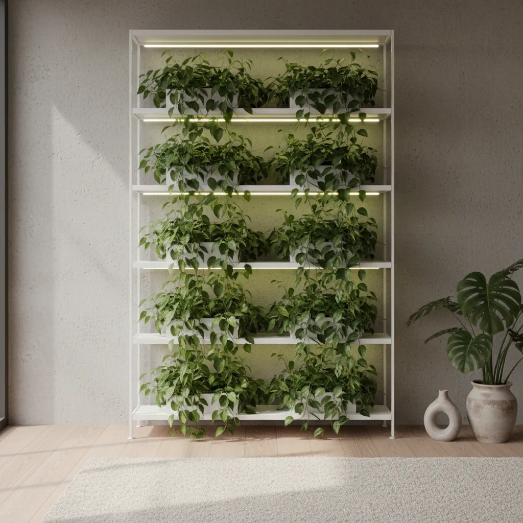 Wooden shelves with concealed LED grow strips lighting up trailing plants