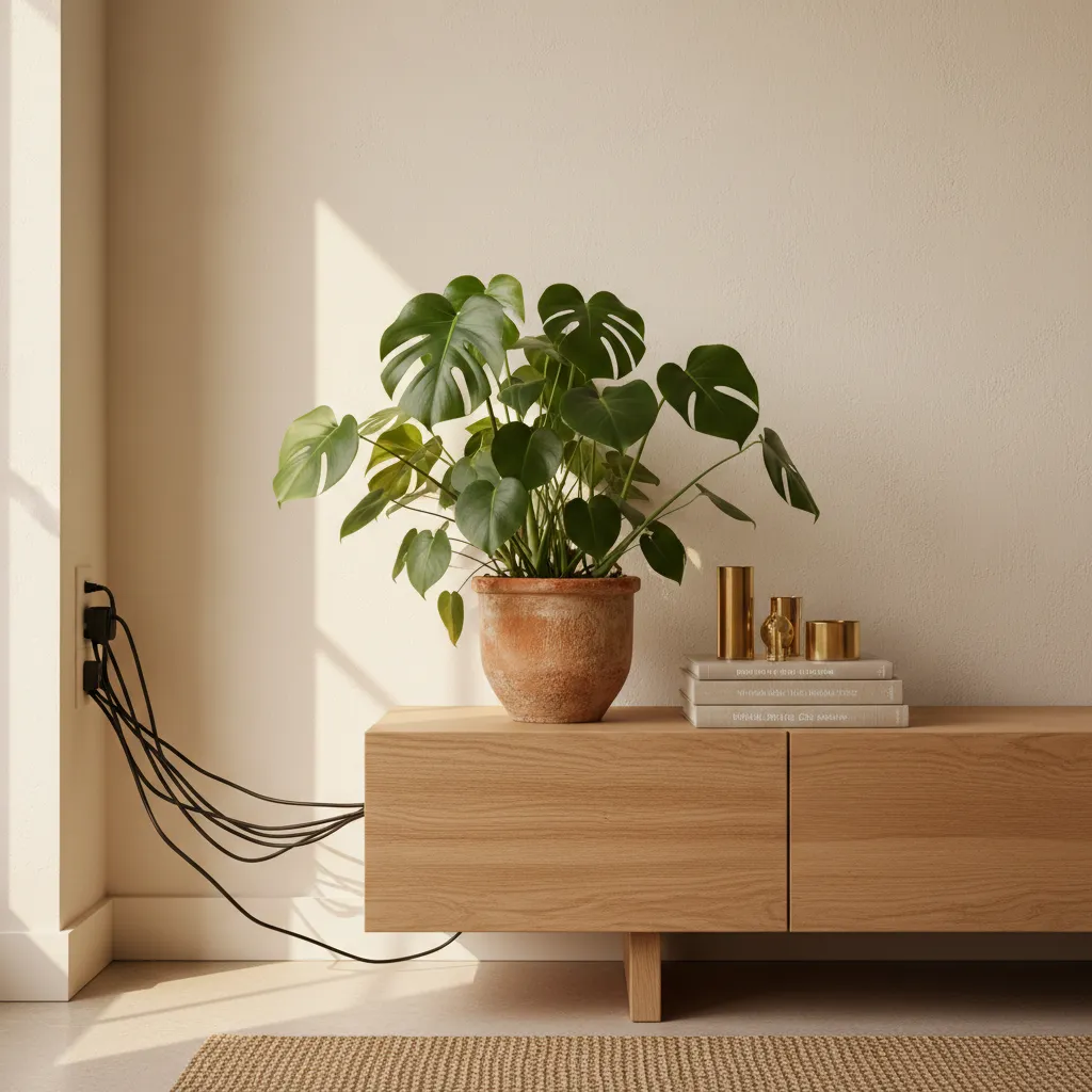Lush potted plant and books hiding TV cables on an oak media console