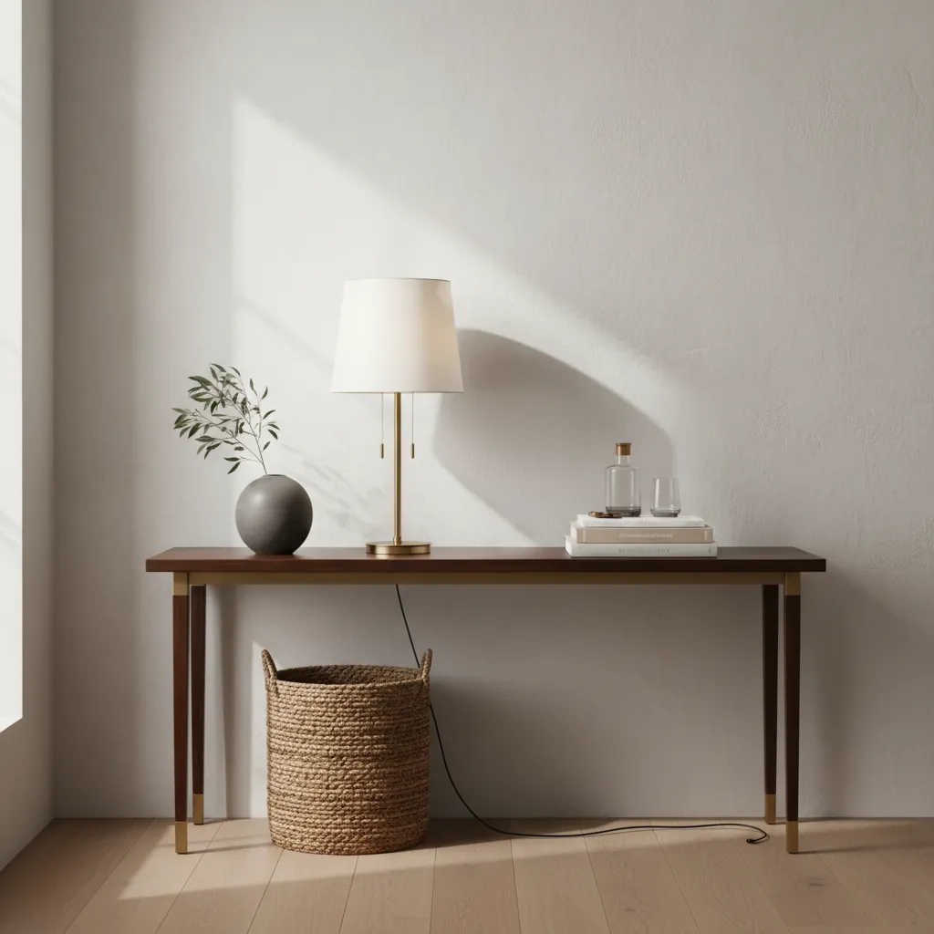 Woven basket under an entryway console concealing lamp cords