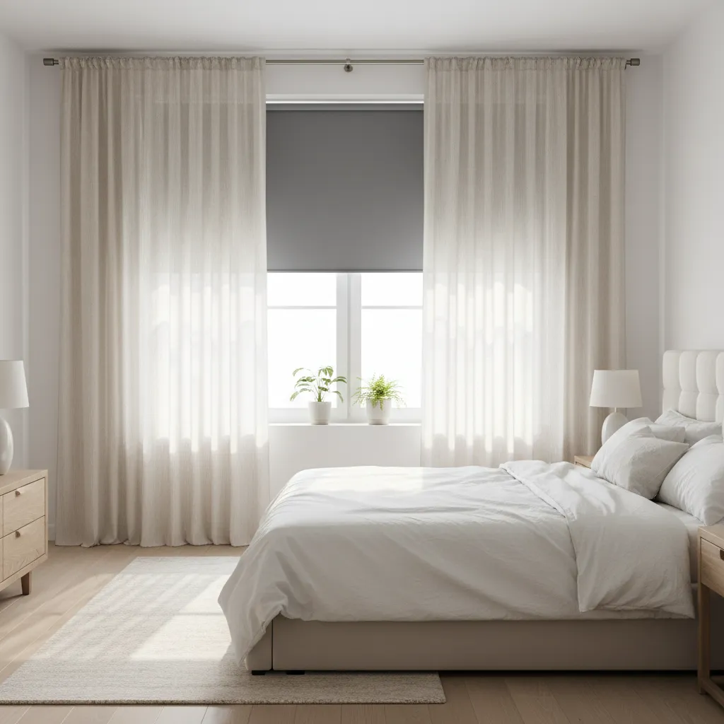 High Mounted Curtain Rod Installation Bedroom window with high mounted curtains over roller blinds for maximum light