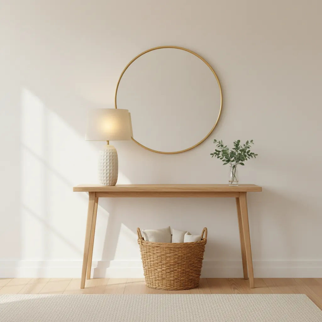 A beautifully styled entryway console table with a brass mirror, table lamp, and decorative storage basket.