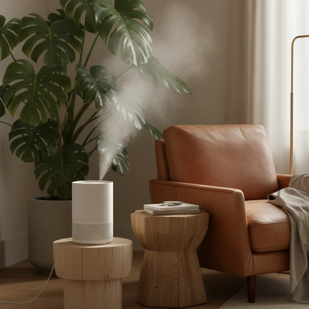 Modern ceramic humidifier near leather chair and houseplant